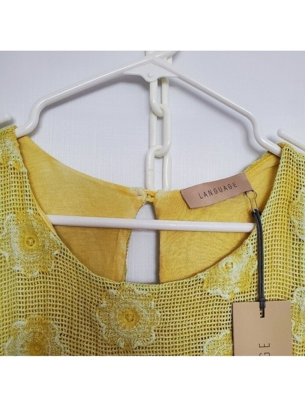 LANGUAGE DRESS SLEEVELESS FRINGE MUSTARD YELLOW EMBROIDERED FLORAL WOMANS ( XL ) - Picture 4 of 15